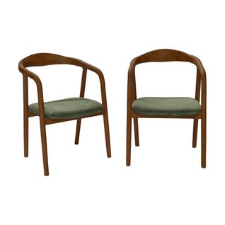 Lot De 2 Fauteuils Vintage Bois D'hévéa Noyer Et Velours Côtelé Kaki - L 55 X P 58 X H 79 Cm