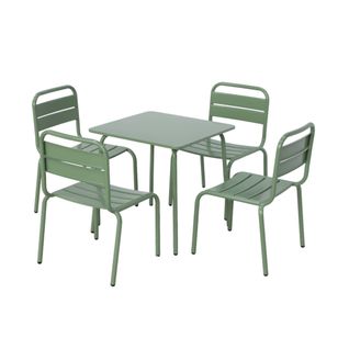 Salon De Jardin Enfant. Table Et Chaises Métal + 4 Assises Anna Vert De Gris 48x48cm
