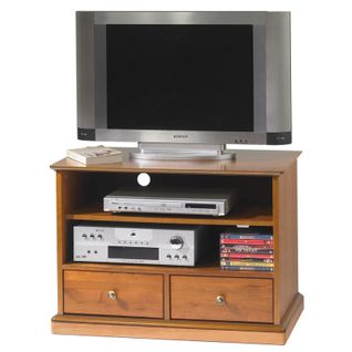 Meuble TV 32 Pouces Merisier 2 Tiroirs 2 Niches Roulettes L 82.4 H 58.7 P 46.5 Cm