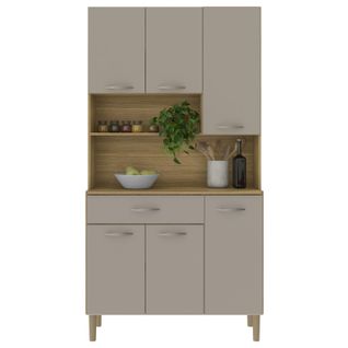 Buffet De Cuisine 6 Portes 1 Tiroir Chêne Taupe 7 Niches L 90.9 H173.5 P 36.3 Cm