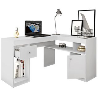Bureau D'angle Blanc Avec Caisson Et Rangements L 137.2 H 75.5 P 111.6 Cm