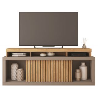 Meuble TV 70 Pouces Chêne Et Gris 2 Portes Coulissantes L. 180 H 74 P 39.5 Cm