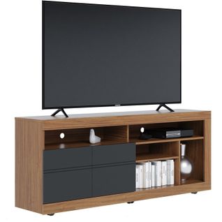 Meuble TV 65 Pouces Chêne Et Anthracite 2 Portes 6 Niches Roulettes L 160 H 68 P 37.4 Cm