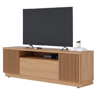 Meuble TV Bar 70 Pouces Chêne 3 Portes 5 Niches Roulettes L 180 H 60.2 P 44.9 Cm