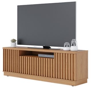 Meuble TV 70 Pouces Chêne 4 Portes 7 Niches 6 Roulettes L 180 H 61.4 P 42.8 Cm