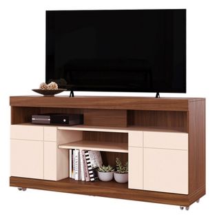 Meuble TV 47 Pouces Noyer Et Blanc 2 Portes 5 Niches Roulettes L 136 H 69.8 P 37.4 Cm