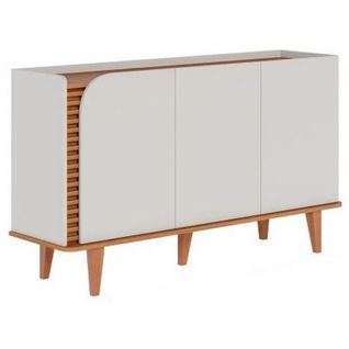 Buffet Bas 3 Portes 5 Niches Blanc Grisé Et Chêne 5 Pieds Bois L 136 H 79.2 P 39.3 Cm