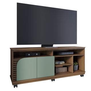 Meuble TV 65 Pouces Vert Olive Et Chêne 2 Portes 7 Niches Roulettes L 150 H 63.2 P 39.3 Cm