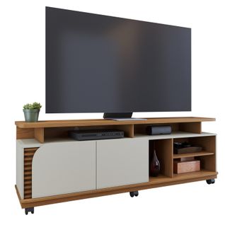 Meuble TV 75 Pouces Chêne Et Blanc 2 Portes 9 Niches L 180 H 62 P 39.3 Cm