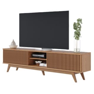Meuble TV 75 Pouces Chêne Pieds Bois 4 Portes 8 Niches L 218 H 57 P 40 Cm