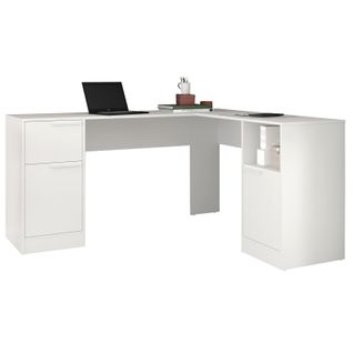 Bureau D'angle Blanc 2 Caissons 2 Portes 1 Tiroir 1 Niche L 160 H 78.5 P 134.5 Cm
