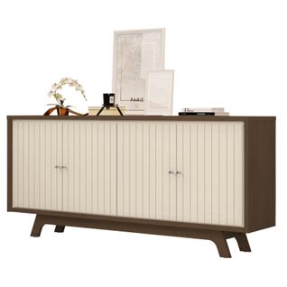 Buffet 4 Portes 180 Cm Blanc Ecru Et Chêne Foncé L 180 H 80.5 P 35.7 Cm
