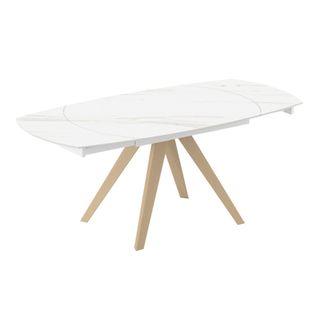 Table Ovale 140 à 200 Cm Céramique Calacatta Blanc Pieds Bois - Delfi
