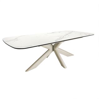 Table Basse 130 Cm Céramique Blanc Pied Croix Métal Beige - Livano