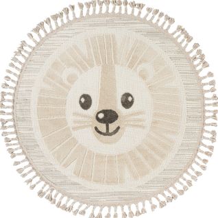 Tapis Salon Rond Enfant Doux Texturé Lion Blanc 130x130