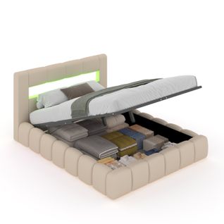 Omaha - Lit Nuage Coffre LED 160x200cm Velours Beige