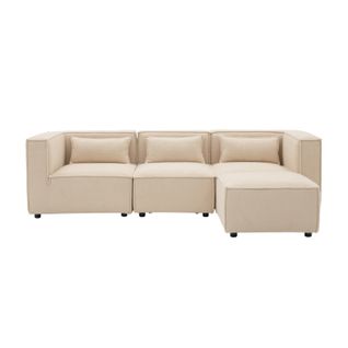 Modular - Canapé Modulable 3 Places Bouclette Beige Avec Pouf