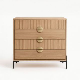 Vallo - Commode 4 Tiroirs Décor Bois Rainuré Et Poignées Dorées 84cm