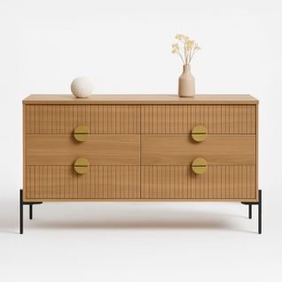 Vallo - Commode 6 Tiroirs Décor Bois Rainuré Et Poignées Dorées 124cm