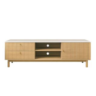 Trix - Meuble TV Aspect Bois Rainuré Et Blanc Avec Tiroirs Et Placard 150cm