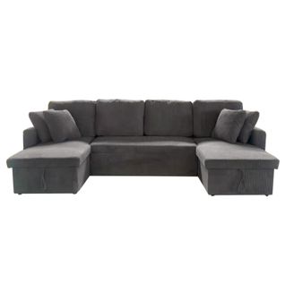 Mahé - Canapé Panoramique Convertible Avec Coffres 4 Places En Velours Côtelé Gris