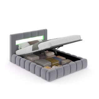 Omaha - Lit Nuage LED Avec Coffre 180x200cm En Velours Gris Avec Tête De Lit Et Sommier