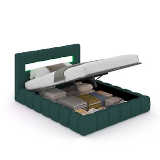 Omaha - Lit Nuage LED Avec Coffre 180x200cm En Velours Vert Avec Tête De Lit Et Sommier