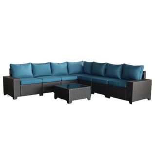 Lazaro - Salon De Jardin Modulable 7 Places En Résine Tressée Avec Table Gris Et Bleu