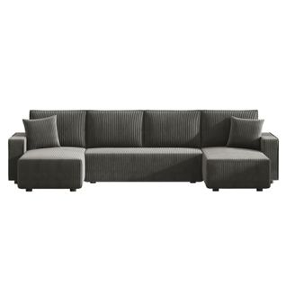 Salisbury - Canapé Panoramique Convertible 6 Places Avec Coffre En Velours Côtelé Gris Anthracite