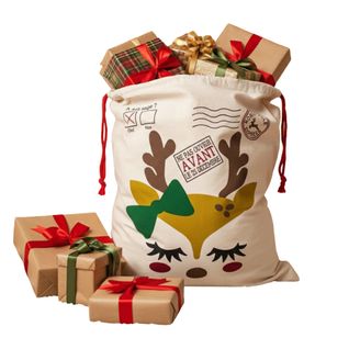 Hotte De Noël M 70x50 Cm – Sac Cadeaux Imprimé Avec Motif Petit Renne, Décoration Et Emballage Fêtes