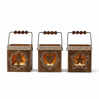 Pack 4 Photophores Carrés En Bois – Décorations De Table Noël, Ambiance Chaleureuse, Motifs Aléatoir