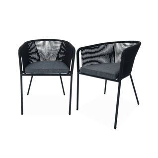 Lot De 2 Fauteuils De Jardin En Corde Noire Et Acier Galvanisé. Coussin Gris
