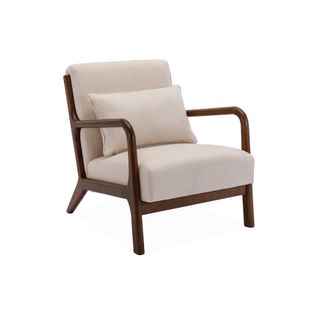 Fauteuil Tissu Beige . Pieds Bois D'hévéa Teinté Noyer. 1 Place Droit Fixe. Pieds Compas