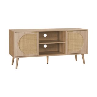 Meuble TV. Eva. Décor Bois Et Cannage Arrondi 2 Portes. 1 Étagère L120 X L39 X H56.5cm