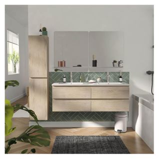 Meuble Double Vasque 120cm Avec Plan Céramique Sorrento Décor Chêne+miroir+co