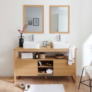 Meuble Sous Vasque Plaqué Chêne Naturel Atoll 140cm + Vasque + Miroir Carré