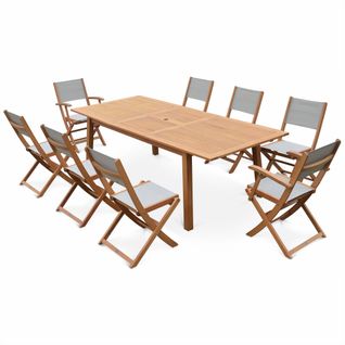 Table De Jardin Extensible Bois D'eucalyptus + 8 Assises En Bois D'eucalyptus Huilé Et Textilène