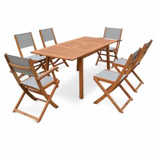 Table De Jardin Extensible Bois D'eucalyptus + 6 Assises - Almeria - Table 120/180cm Avec Rallonge.