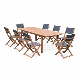 Table De Jardin Extensible Bois D'eucalyptus + 8 Assises. En Bois D'eucalyptus Huilé Et Textilène