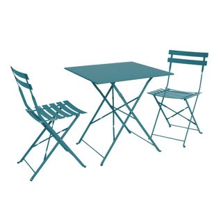 Table De Jardin Bistrot Pliante Métal + 2 Assises Bleu Canard 70 X 70cm. Acier Thermolaqué