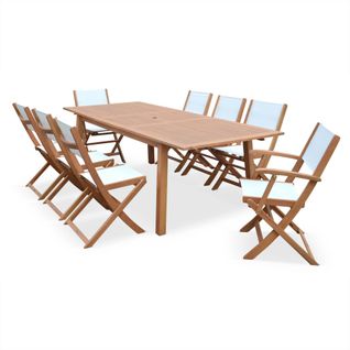 Table De Jardin Extensible Bois D'eucalyptus + 8 Assises En Bois D'eucalyptus Huilé Et Textilène