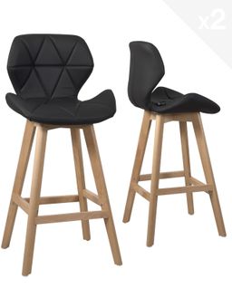 Lot 2 Chaises De Bar Scandinaves 67cm Simili Matelassé Pieds Bois Fata (noir)