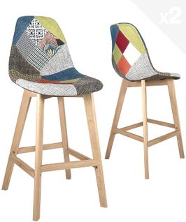 Lot 2 Chaise De Bar 67cm Patchwork Tissu Large Siège Rembourré Pieds Bois Slick (floral)