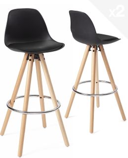 Lot 2 Tabourets De Bar Scandinaves Coussin Simili Repose Pied Chrome Pieds Bois Sana (noir)