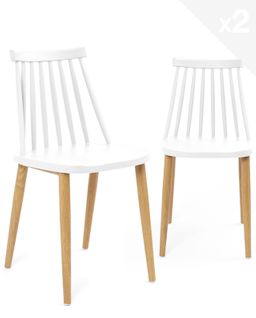 Lot 2 Chaises De Cuisine Scandinaves Siège Plastique à Barreaux Pied Métal Ton Bois Bao (blanc)