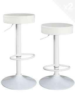 Lot 2 Tabourets Bar Rond Siège Simili Rembourré Pivotant Hauteur Réglable Yo (blanc Intégral)