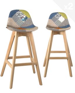 Lot 2 Chaises De Bar Scandinaves Hauteur 67 Cm Patchwork Tissu Pieds Bois Mali (floral)