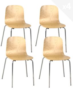 Lot 4 Chaises De Cuisine Design Retro Siège Bois Pieds Chrome Rio (bois Clair)