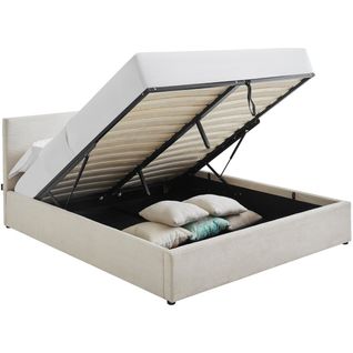 Lit Coffre Adulte 140x190 Cm Avec Tête De Lit Matelassée En Velours Côtelé Beige Et Sommier - Tina