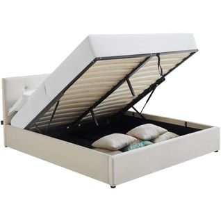 Lit Coffre Adulte 160x200 Cm Avec Tête De Lit Matelassée En Velours Beige Et Sommier - Tina